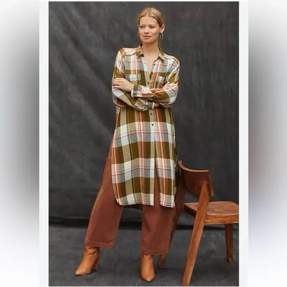 PILCRO x ANTHROPOLOGIE Side Slit Maxi Tunic Button Down Shirt Shirtdress Duster - Picture 12 of 15